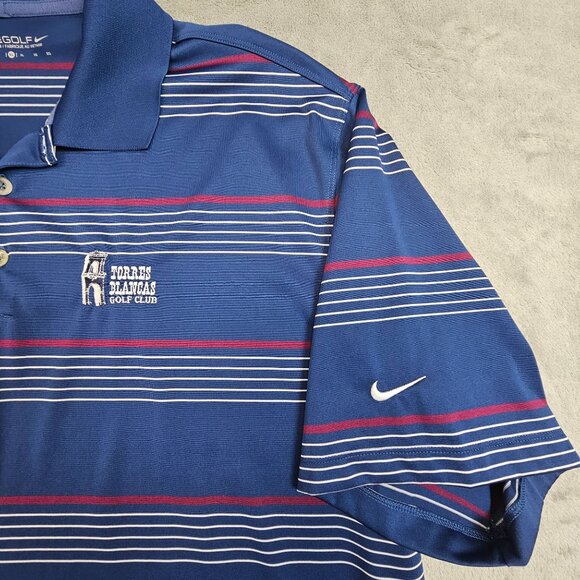 Nike Golf Polo Shirt Men's XL‎ Blue Red Striped Torres Blancas Golf Club Spain - Picture 7 of 11